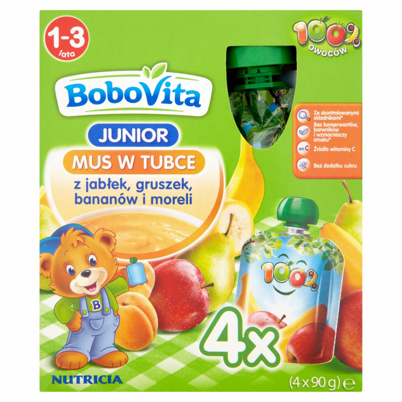 Zdjęcia - BoboVita Junior Mus w tubce z jabłek gruszek bananów i moreli 1-3 lata 4 x 90 g