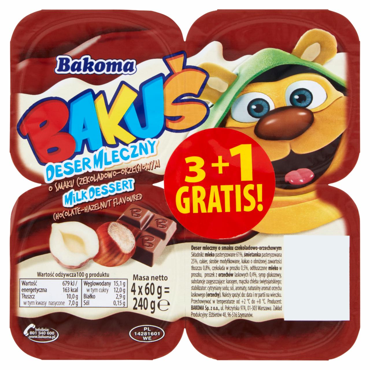 Zdjęcia - Bakoma Bakuś Deser mleczny o smaku czekalodowo-orzechowym 240 g (4 x 60 g)