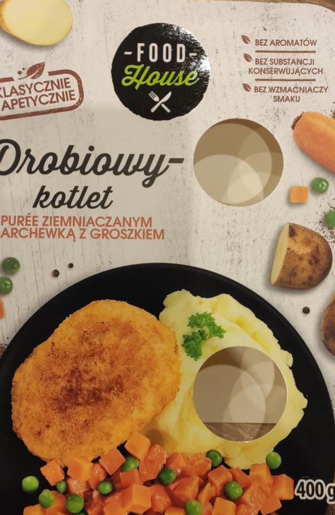 Zdjęcia - Drobiowy kotlet z puree ziemniaczanym i marchewką z groszkiem Food House