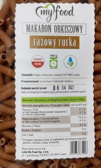 Zdjęcia - makaron orkiszowy razowy myfood