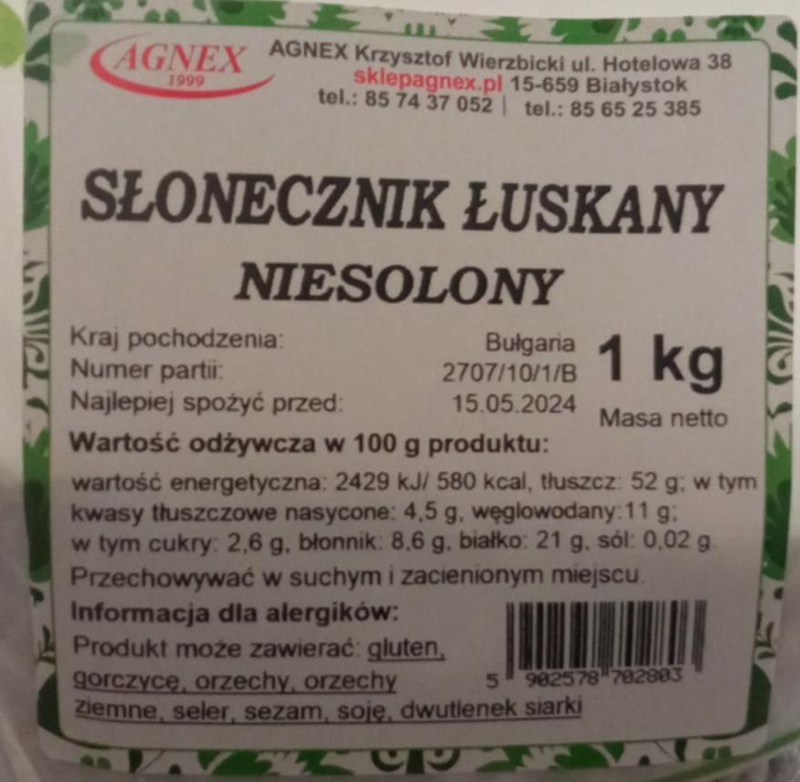 Zdjęcia - Słonecznik łuskany niesolony AGNEX