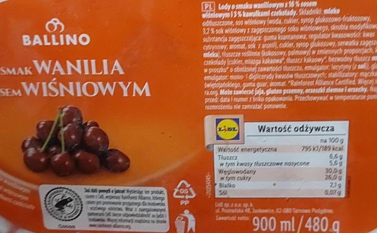 Zdjęcia - Lody smak Wanilia z sosem Wiśniowym Ballino Lidl