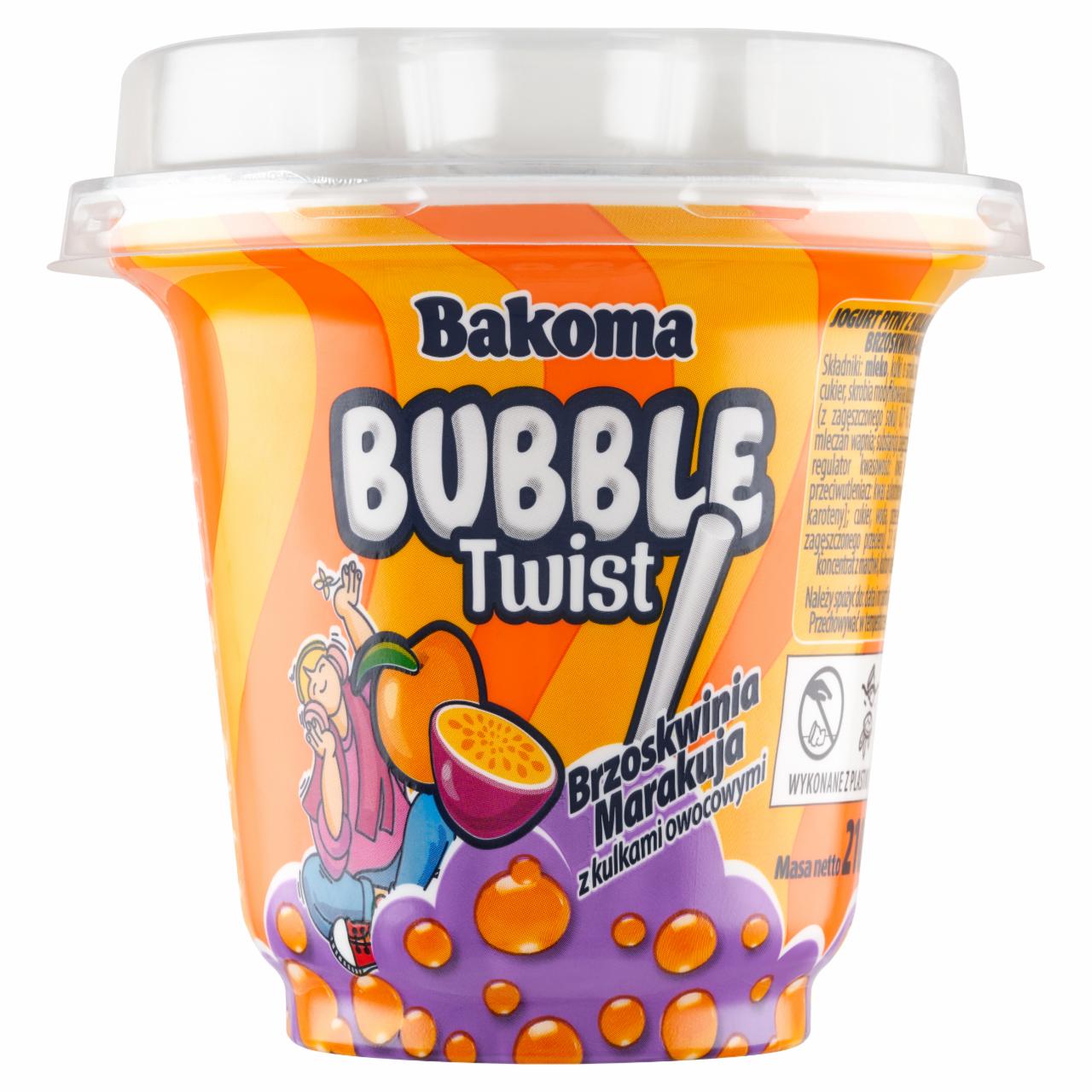 Zdjęcia - Bakoma Bubble Twist Jogurt pitny brzoskwinia marakuja z kulkami owocowymi 210 g