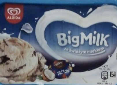 Zdjęcia - Lody o smaku kokosowym z nadzieniem orzechowo-kokosowym 14% wiórkami kakaowymi 12% Big Milk Algida