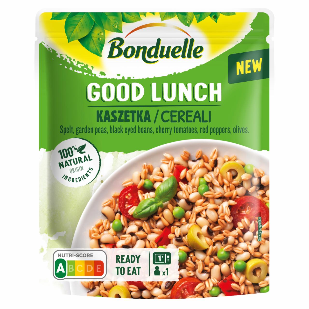 Zdjęcia - Bonduelle Good Lunch Kaszetka Mieszanka orkiszu groszku fasoli pomidorków papryki i oliwek 250 g