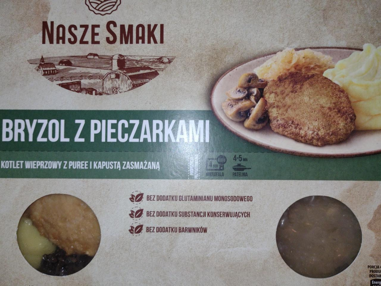 Zdjęcia - Nasze smaki Bryzol z pieczarkami Kotlet ze schabu wieprzowego z pieczarkami smażonymi, puree ziemniaczanym i kapustą białą kiszoną zasmażaną