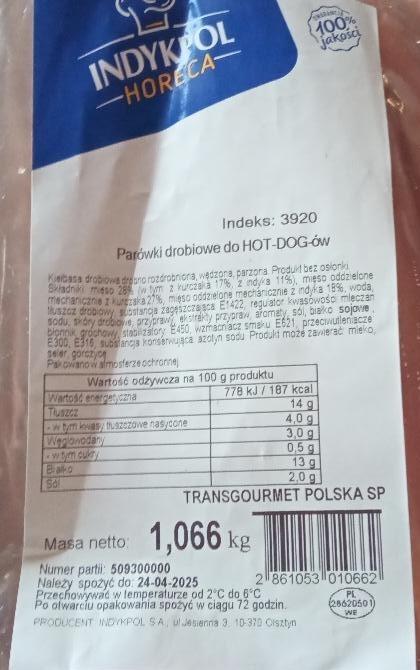 Zdjęcia - Parówki drobiowe do hot dogów Indykpol horeca