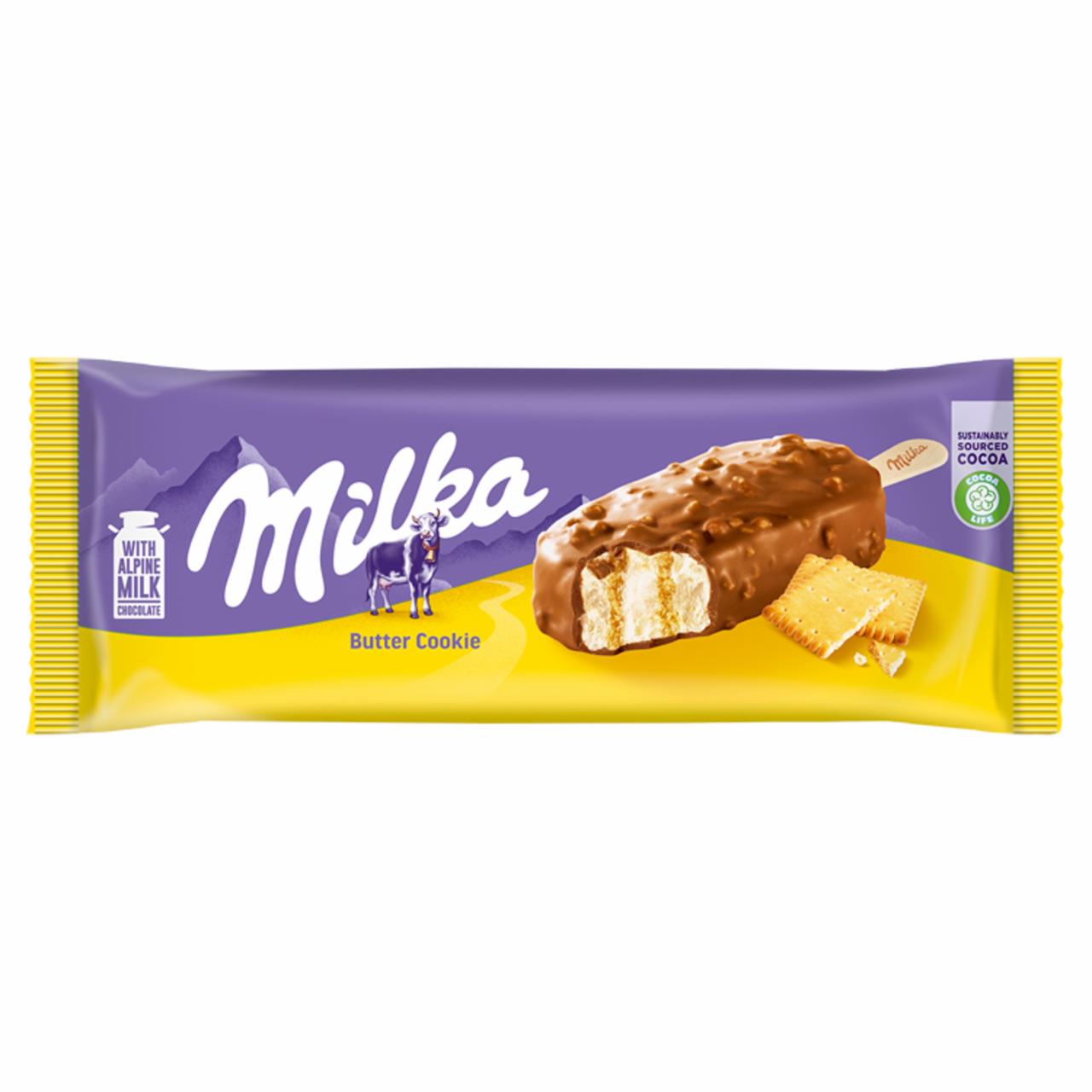 Zdjęcia - Milka Lody o smaku maślano-waniliowym z nadzieniem z ciasteczkami maślanymi 90 ml