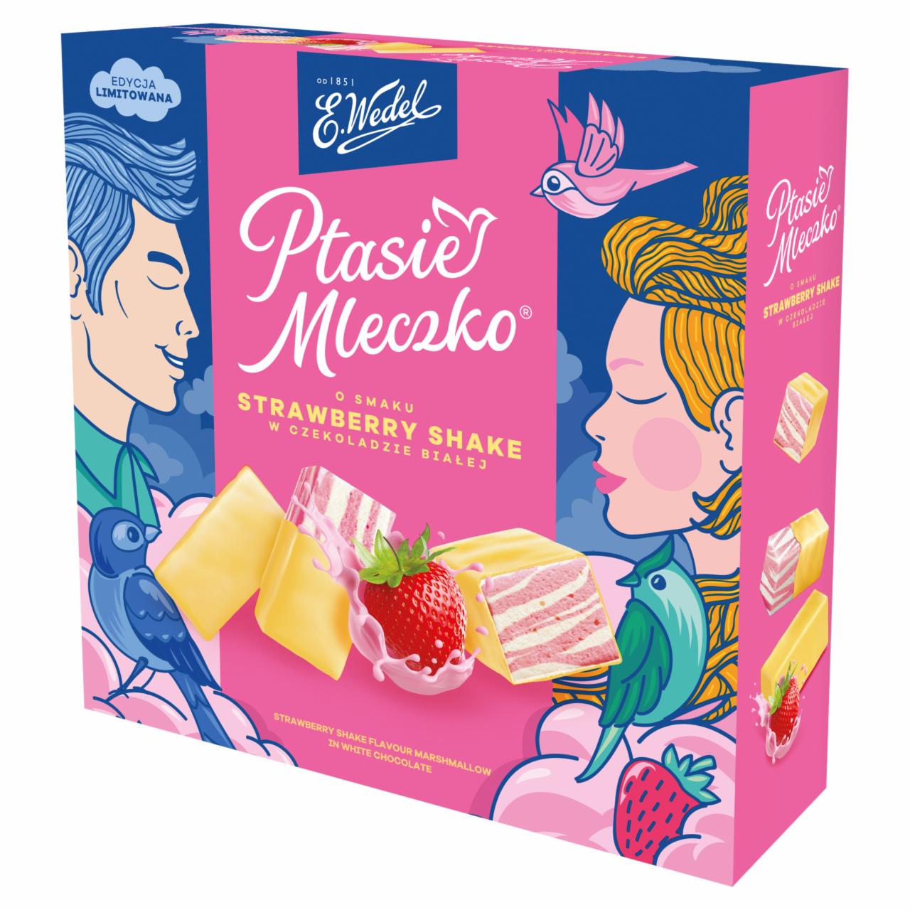 Zdjęcia - Ptasie mleczko o smaku Strawberry shake w czekoladzie białej 340 g E. Wedel