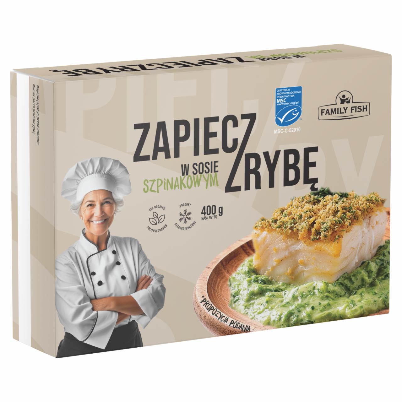 Zdjęcia - Family Fish Zapieczrybę Kostki z filetów ryby białej w sosie szpinakowym 400 g